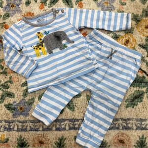 Mudpie Striped Blue Outfit 3-6 Months set elephant cotton